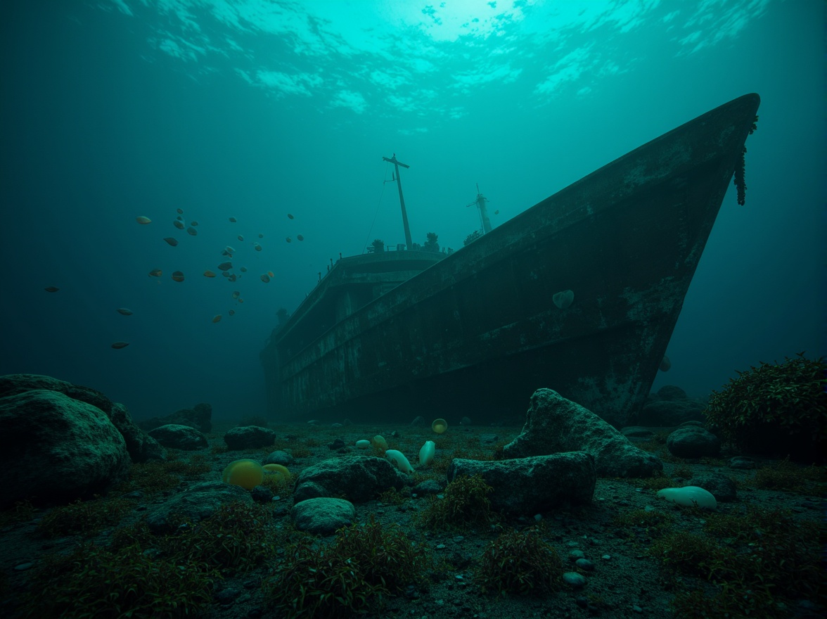 Prompt: Mysterious underwater scene, dark cyan hues, eerie bioluminescent creatures, glowing jellyfish, abandoned shipwreck, rusty metal debris, seaweed-covered rocks, misty ocean atmosphere, soft blue-green lighting, shallow depth of field, 1/2 composition, cinematic mood, realistic water textures, subtle ambient occlusion.