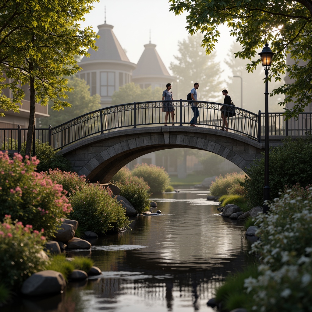 Prompt: Whimsical pedestrian bridge, ornate iron railings, delicate filigree details, soft warm lighting, misty atmosphere, lush greenery, vibrant flowers, rustic stone piers, wooden decking, curved arches, romantic lanterns, intricate stonework, weathered copper accents, serene water reflections, gentle river flow, peaceful surroundings, 1/1 composition, shallow depth of field, warm color palette, realistic textures.