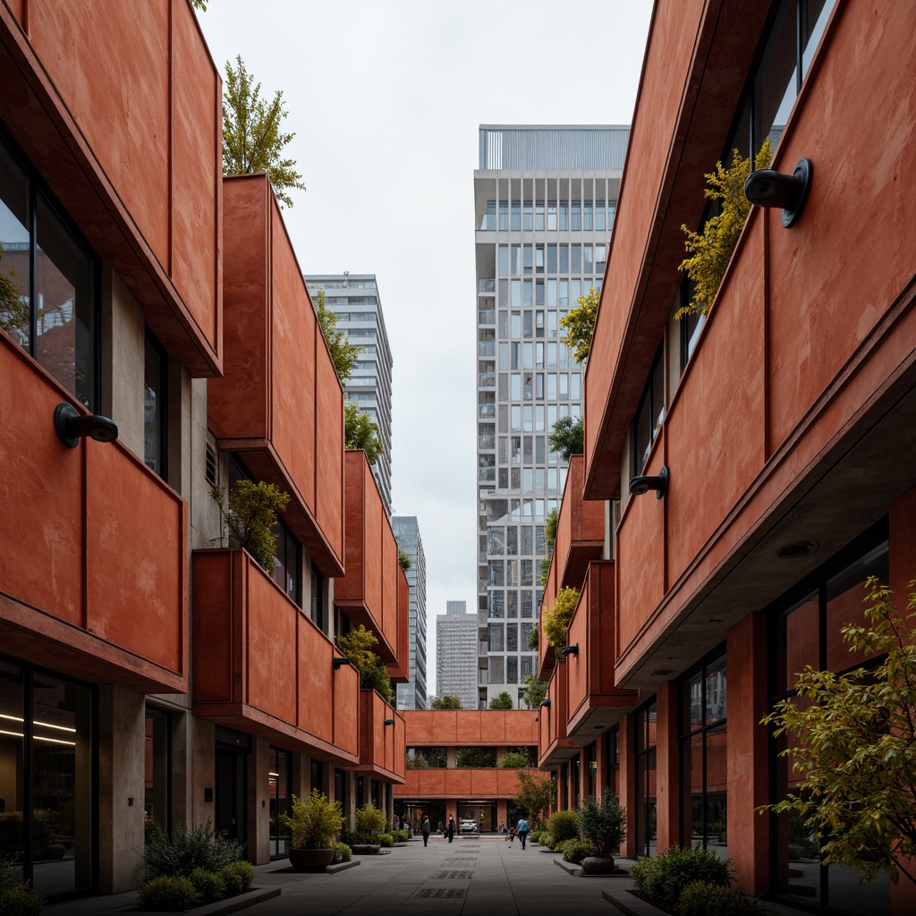 Prompt: Persimmon-colored brutalist architecture, rugged concrete textures, industrial metal accents, bold geometric forms, minimalist ornaments, urban cityscape, overcast sky, dramatic shadows, high-contrast lighting, cinematic composition, 1/2 framing, gritty realistic render, ambient occlusion, detailed normal maps.