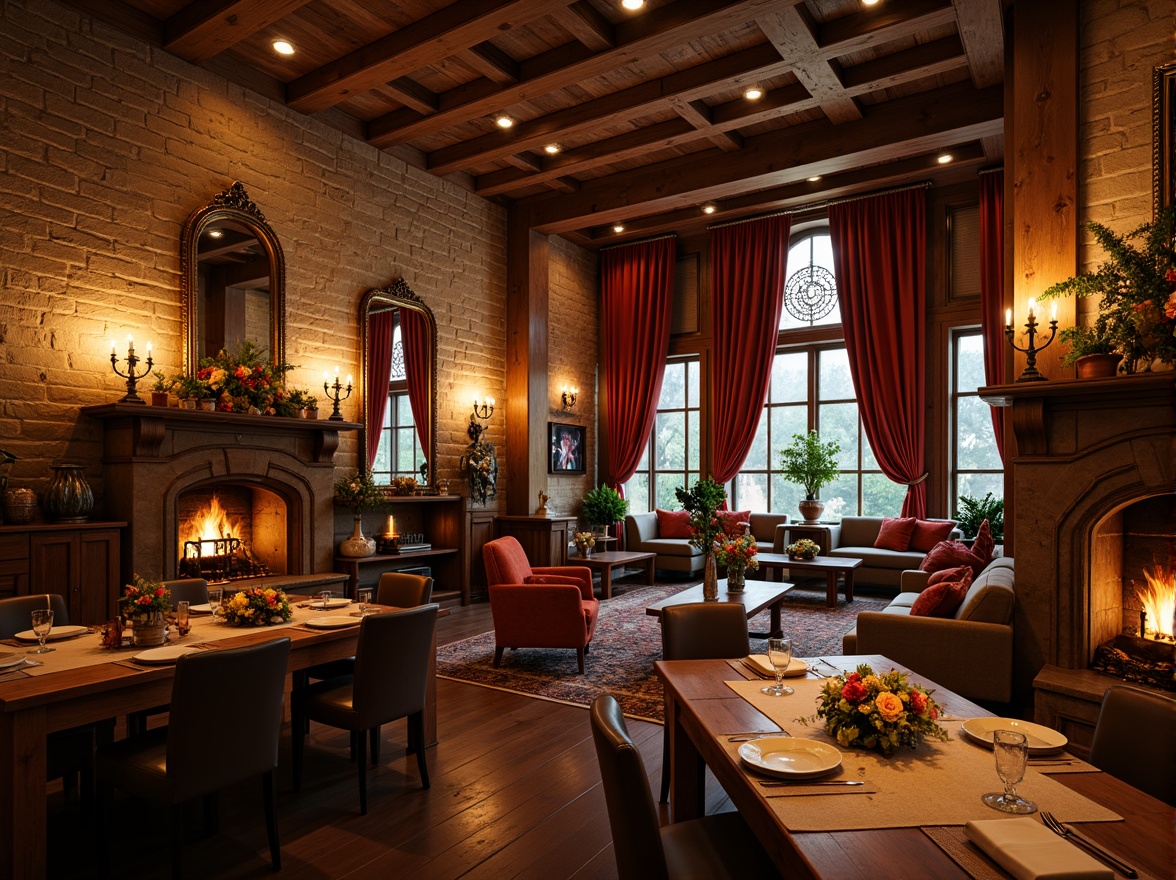 Prompt: Rustic stone walls, wooden accents, warm candle lighting, cozy fireplaces, elegant chandeliers, grand high ceilings, ornate mirrors, lavish furnishings, rich velvet drapes, soft romantic music, intimate dining tables, vintage dinnerware, floral arrangements, lush greenery, natural materials, earthy color palette, whimsical decorations, ornate metalwork, distressed finishes, warm golden lighting, shallow depth of field, 1/1 composition, realistic textures, ambient occlusion.