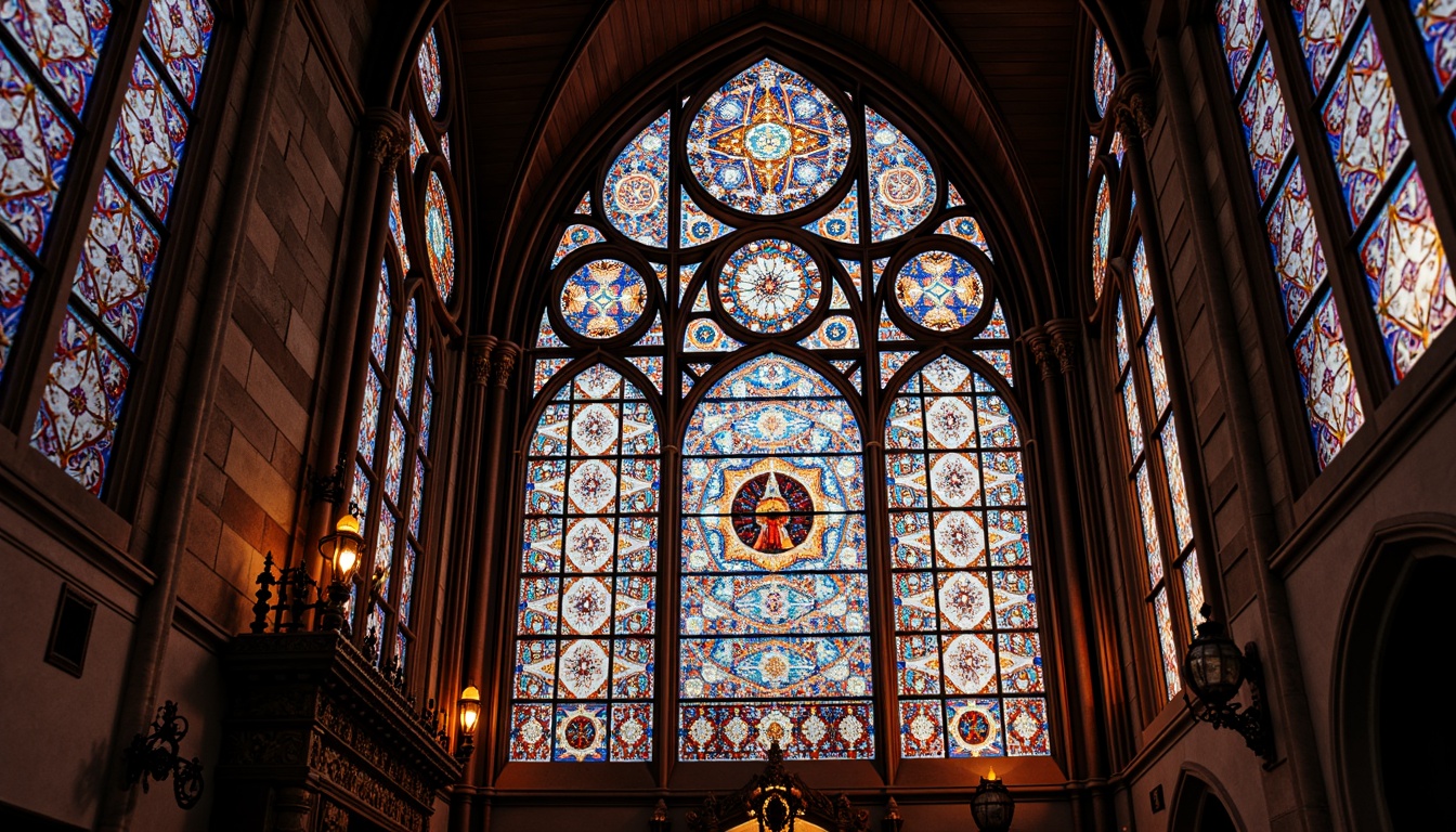 Prompt: Vibrant stained glass windows, kaleidoscope colors, intricate patterns, Gothic architecture, ornate details, grand cathedrals, sacred spaces, ambient lighting, warm color tones, rich textures, ornamental fixtures, metal frames, artisanal craftsmanship, medieval inspiration, spiritual ambiance, soft focus, shallow depth of field, 1/1 composition, symmetrical view.