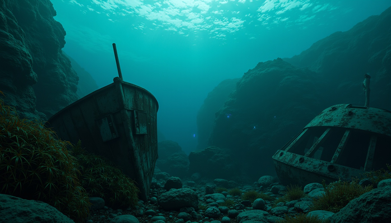 Prompt: Mysterious underwater scene, dark cyan hues, eerie bioluminescent creatures, glowing jellyfish, abandoned shipwreck, rusty metal debris, seaweed-covered rocks, misty ocean atmosphere, soft blue-green lighting, shallow depth of field, 1/2 composition, cinematic mood, realistic water textures, subtle ambient occlusion.