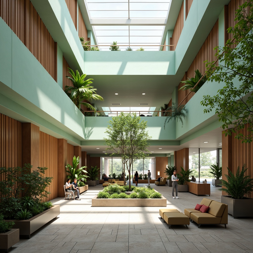 Prompt: Spacious hospital lobby, high ceilings, clerestory windows, natural stone floors, green walls, lush indoor plants, warm wood accents, soft diffused lighting, calming color scheme, comfortable seating areas, open atriums, abundant skylights, minimalist decor, subtle textures, shallow depth of field, 1/1 composition, realistic renderings, ambient occlusion.