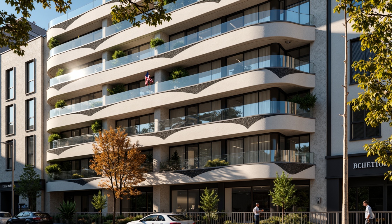 Prompt: Curved building facade, Art Deco inspirations, metallic materials, chrome accents, horizontal lines, rounded corners, minimalist ornamentation, large windows, sliding glass doors, balconies with metal railings, urban cityscape, morning sunlight, soft warm lighting, shallow depth of field, 3/4 composition, panoramic view, realistic textures, ambient occlusion.