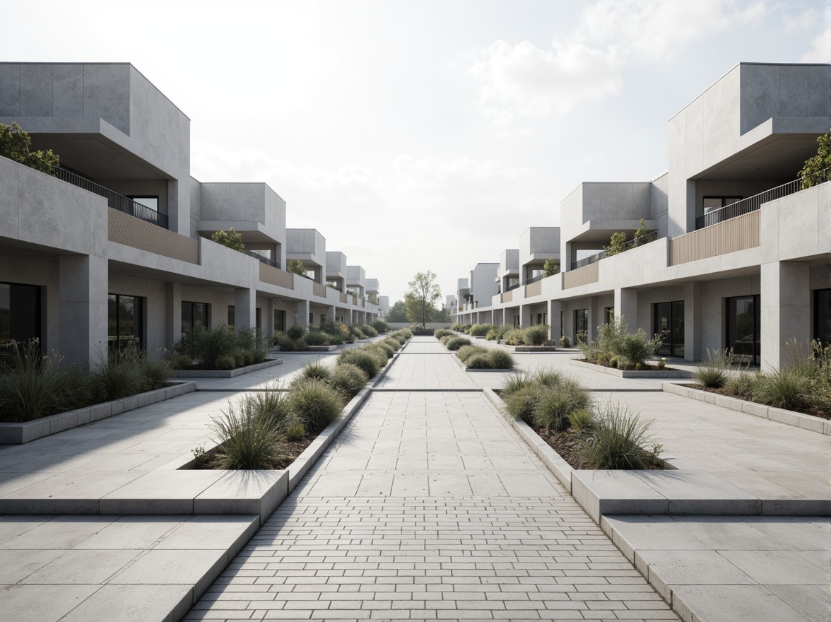 Prompt: Simple student halls, clean lines, monochromatic color scheme, rectangular shapes, flat roofs, large windows, minimalist balcony railings, subtle textures, industrial materials, exposed concrete walls, raw metal accents, neutral tones, natural light, soft shadows, 1/1 composition, realistic rendering, ambient occlusion.