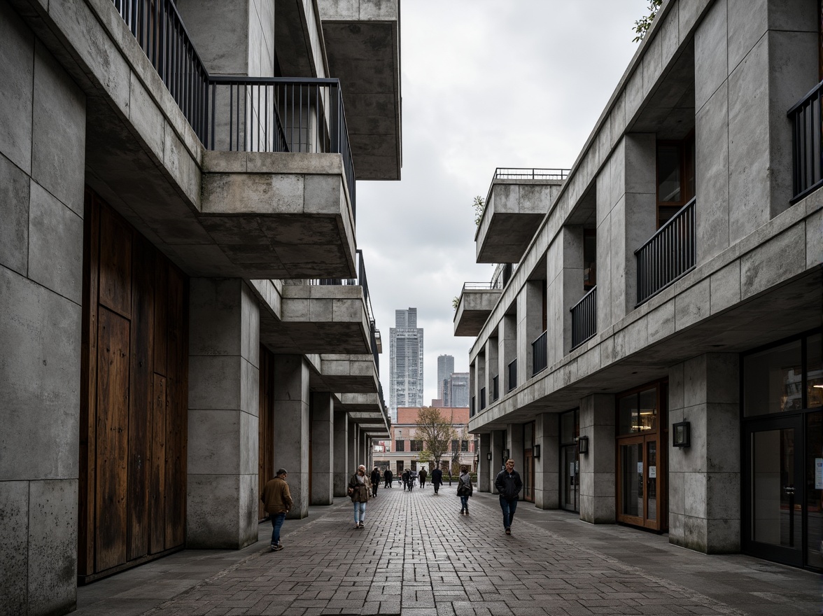 Prompt: Rough-hewn concrete walls, rugged stone facades, brutalist fortress-like structures, industrial metal beams, exposed ductwork, raw unfinished surfaces, distressed wood accents, weathered steel panels, urban cityscape backdrop, overcast skies, dramatic shadows, high-contrast lighting, abstract geometric patterns, bold monochromatic color scheme, 1/1 composition, low-angle shot, gritty realistic textures, ambient occlusion.