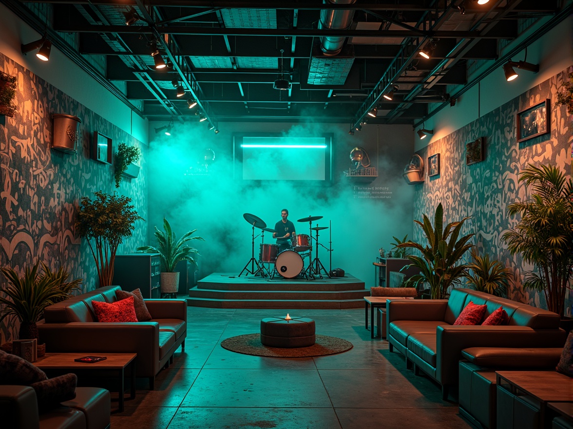 Prompt: Vibrant teal accents, neon lights, dynamic stage design, eclectic music instruments, graffiti walls, industrial metal beams, polished concrete floors, trendy lounge seating, retro-futuristic decor, edgy urban atmosphere, moody dim lighting, shallow depth of field, 1/1 composition, cinematic view, realistic textures, ambient occlusion.