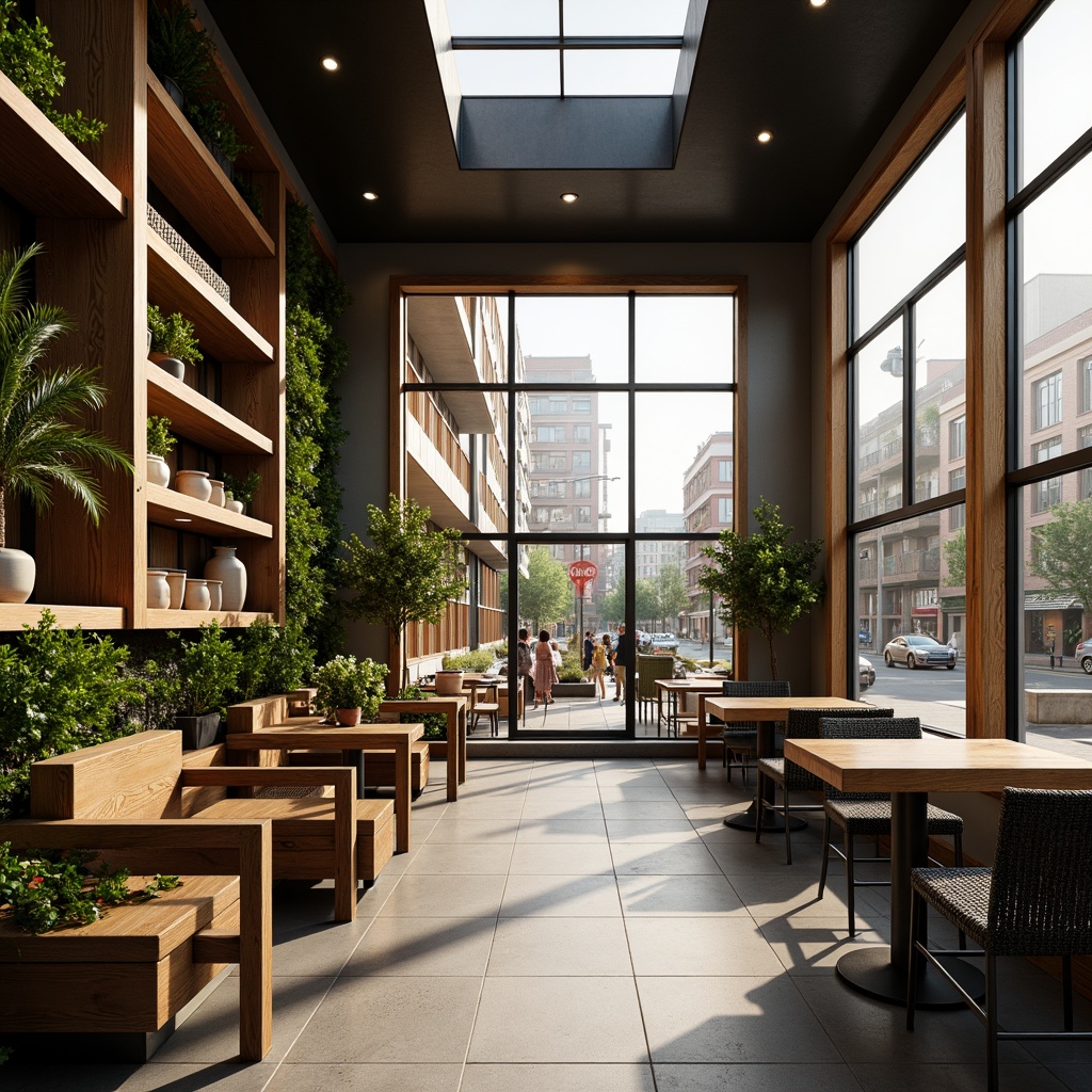 Prompt: Cozy coffee shop interior, warm wooden accents, large windows, glass doors, natural stone floors, minimalist decor, greenery walls, lush plants, skylights, clerestory windows, soft warm lighting, shallow depth of field, 3/4 composition, panoramic view, realistic textures, ambient occlusion, urban cityscape views, bustling street scenes, morning sunlight, afternoon warmth, comfortable seating areas, rustic wooden tables, industrial metal chairs.