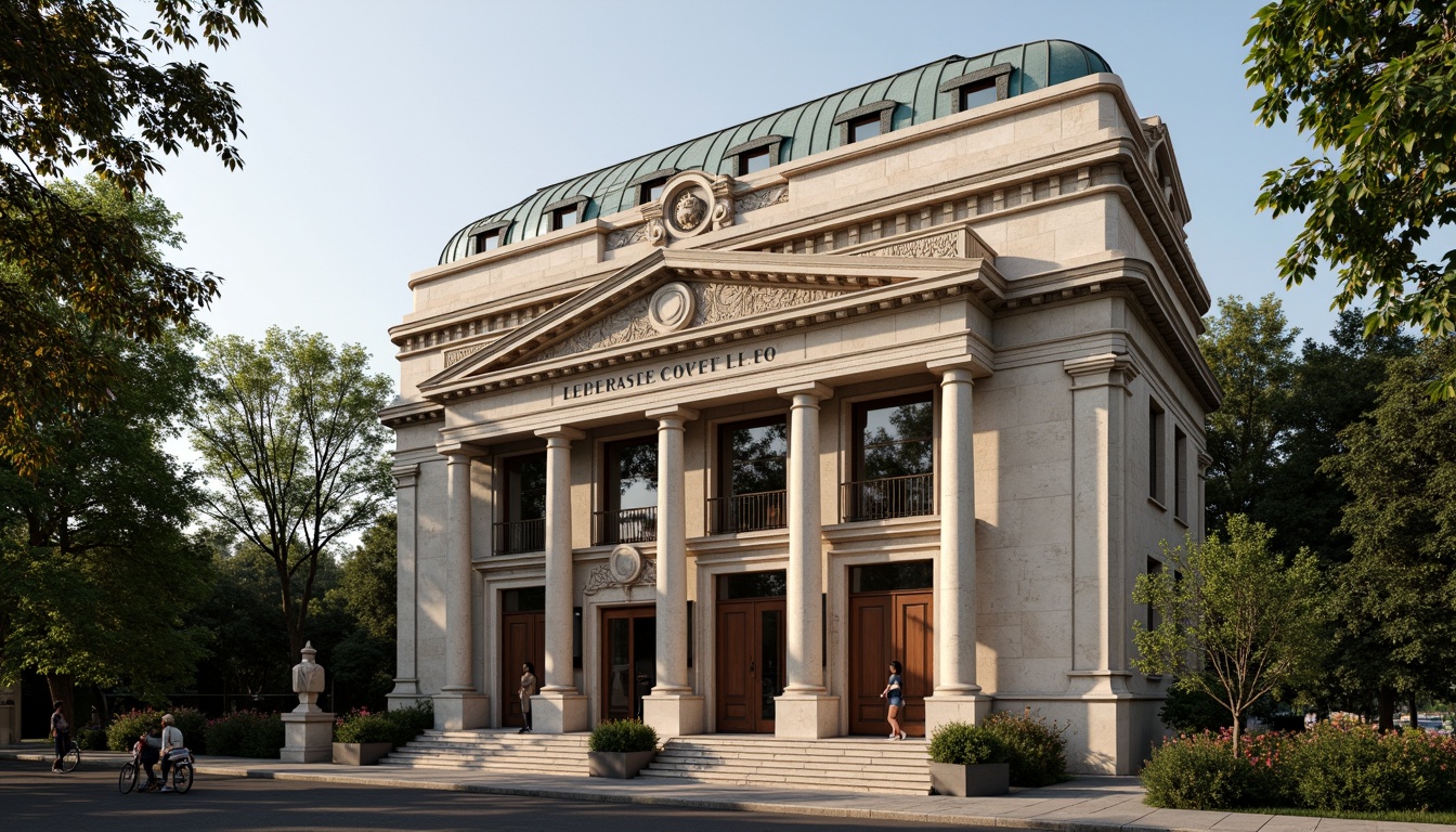 Prompt: Elegant library facade, grandiose neoclassical architecture, ornate stone carvings, majestic columns, symmetrical composition, subtle arches, rusticated base, smooth entablature, pedimented entrance, intricate moldings, classicist detailing, solemn atmosphere, soft warm lighting, natural stone textures, weathered copper roofing, lush greenery, mature trees, serene surroundings, shallow depth of field, 2/3 composition, realistic materials, ambient occlusion.