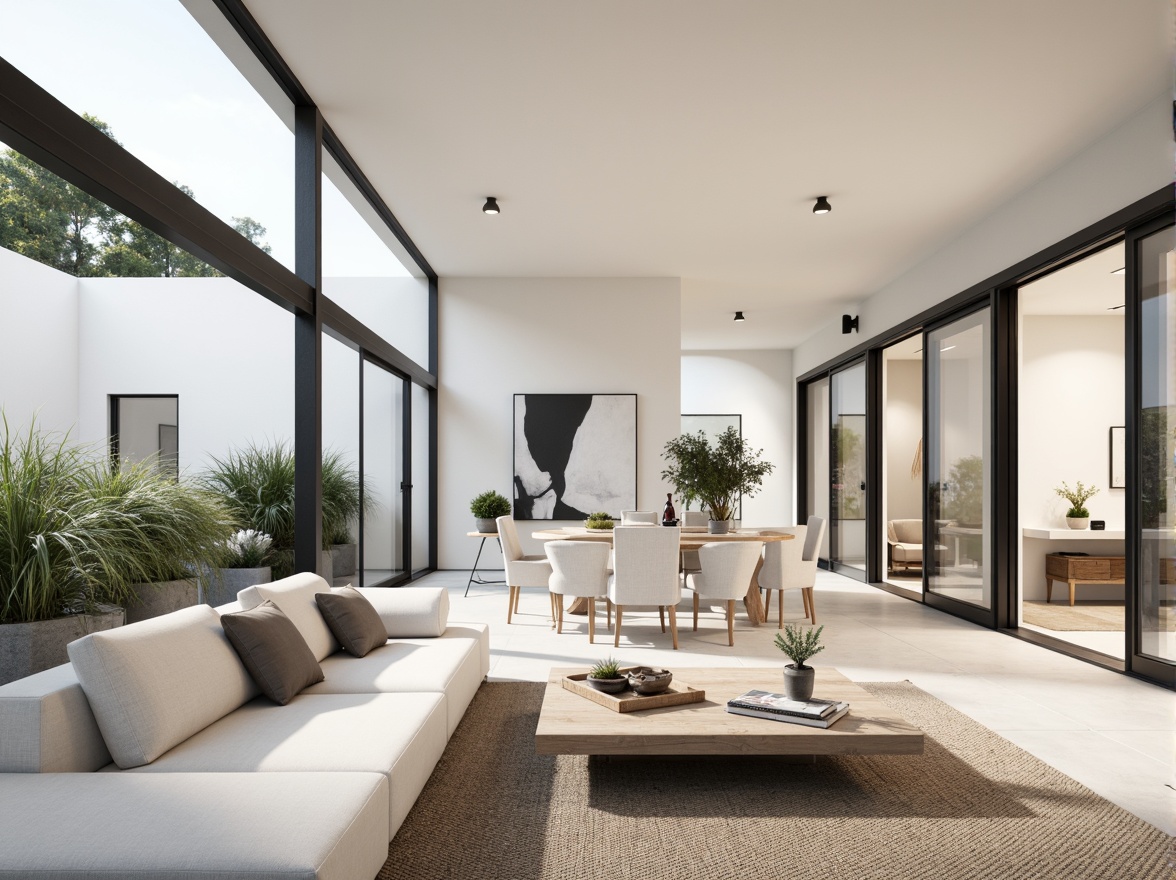 Prompt: Monochromatic modern homes, sleek lines, minimalist aesthetic, neutral color palette, soft whites, creamy beiges, warm grays, taupe accents, matte black trim, polished chrome fixtures, large windows, sliding glass doors, open floor plans, high ceilings, natural textiles, woven fibers, subtle patterns, ambient lighting, soft shadows, 1/1 composition, realistic renderings, detailed materials.