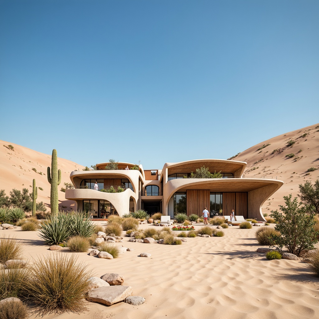 Prompt: Desert landscape, sandy dunes, cactus plants, hot sunny day, clear blue sky, vast open space, organic building forms, curved lines, natural stone fa\u00e7ades, earth-toned colors, rustic metal accents, cantilevered structures, seamless integration with surroundings, native plant species, water-efficient systems, solar panels, wind turbines, green roofs, eco-friendly materials, innovative cooling technologies, shaded outdoor spaces, misting systems, Arabic-inspired patterns, vibrant colorful textiles, intricate geometric motifs.