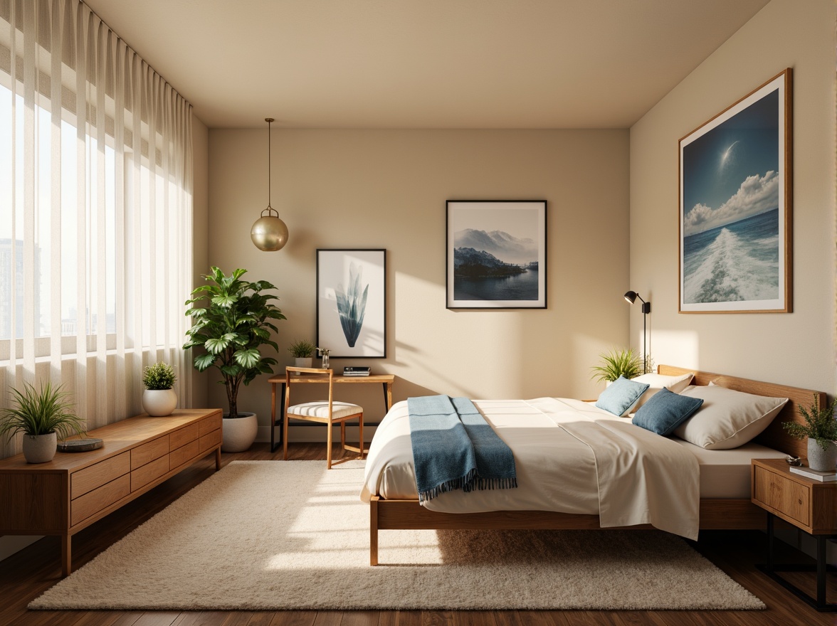 Prompt: Cozy dorm room, warm beige walls, soft cream bedding, rich wood furniture, plush area rug, calming blue accents, natural light pouring in, sheer white curtains, modern minimalist decor, sleek metal frames, vibrant green plants, comfortable reading nook, warm task lighting, 1/1 composition, shallow depth of field, realistic textures, ambient occlusion.