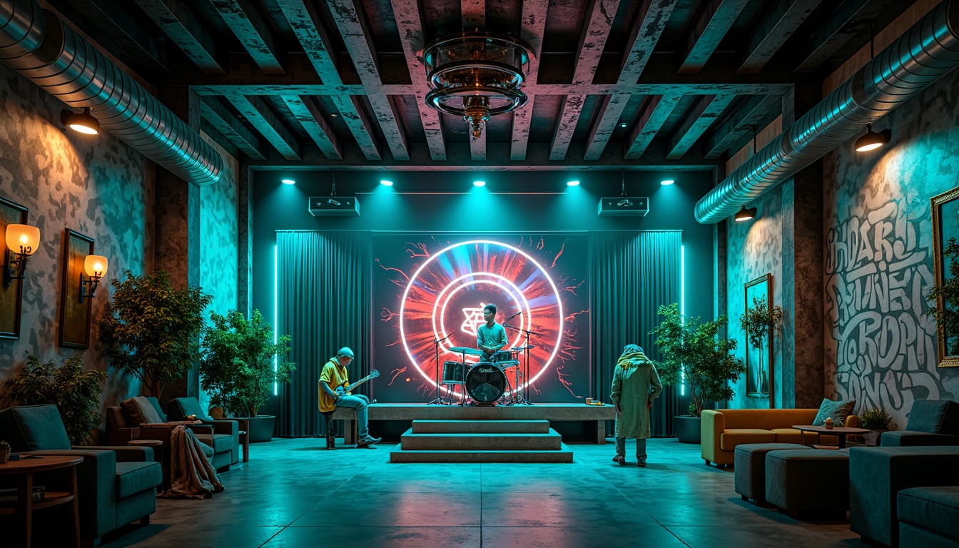 Prompt: Vibrant teal accents, neon lights, dynamic stage design, eclectic music instruments, graffiti walls, industrial metal beams, polished concrete floors, trendy lounge seating, retro-futuristic decor, edgy urban atmosphere, moody dim lighting, shallow depth of field, 1/1 composition, cinematic view, realistic textures, ambient occlusion.