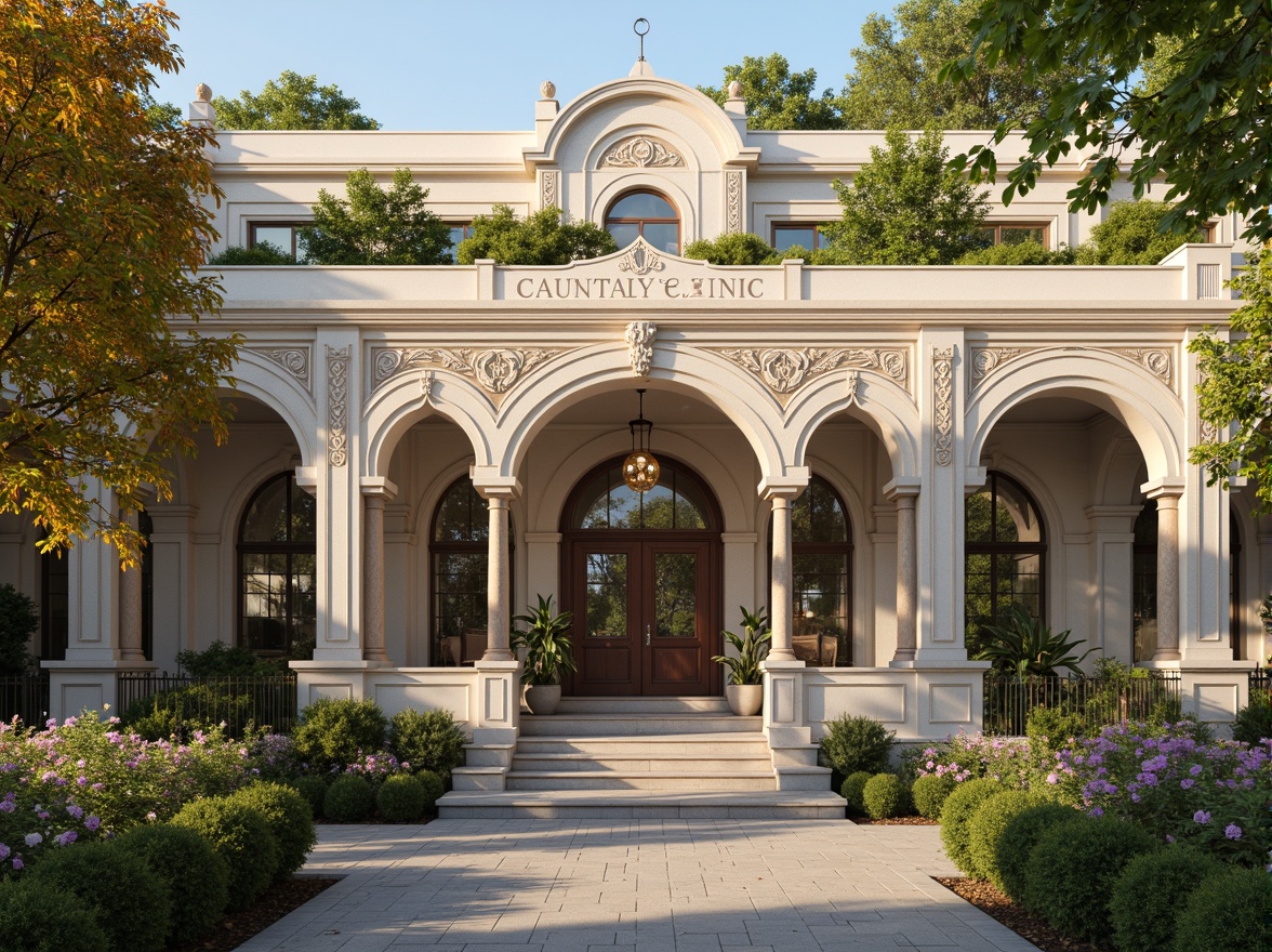 Prompt: Whimsical clinic facade, ornate Victorian details, soft pastel colors, delicate filigree patterns, grand entrance archways, elegant columns, intricate stonework, lush greenery, blooming flowers, natural stone walls, stained glass windows, warm golden lighting, shallow depth of field, 1/2 composition, romantic atmosphere, realistic textures, ambient occlusion.