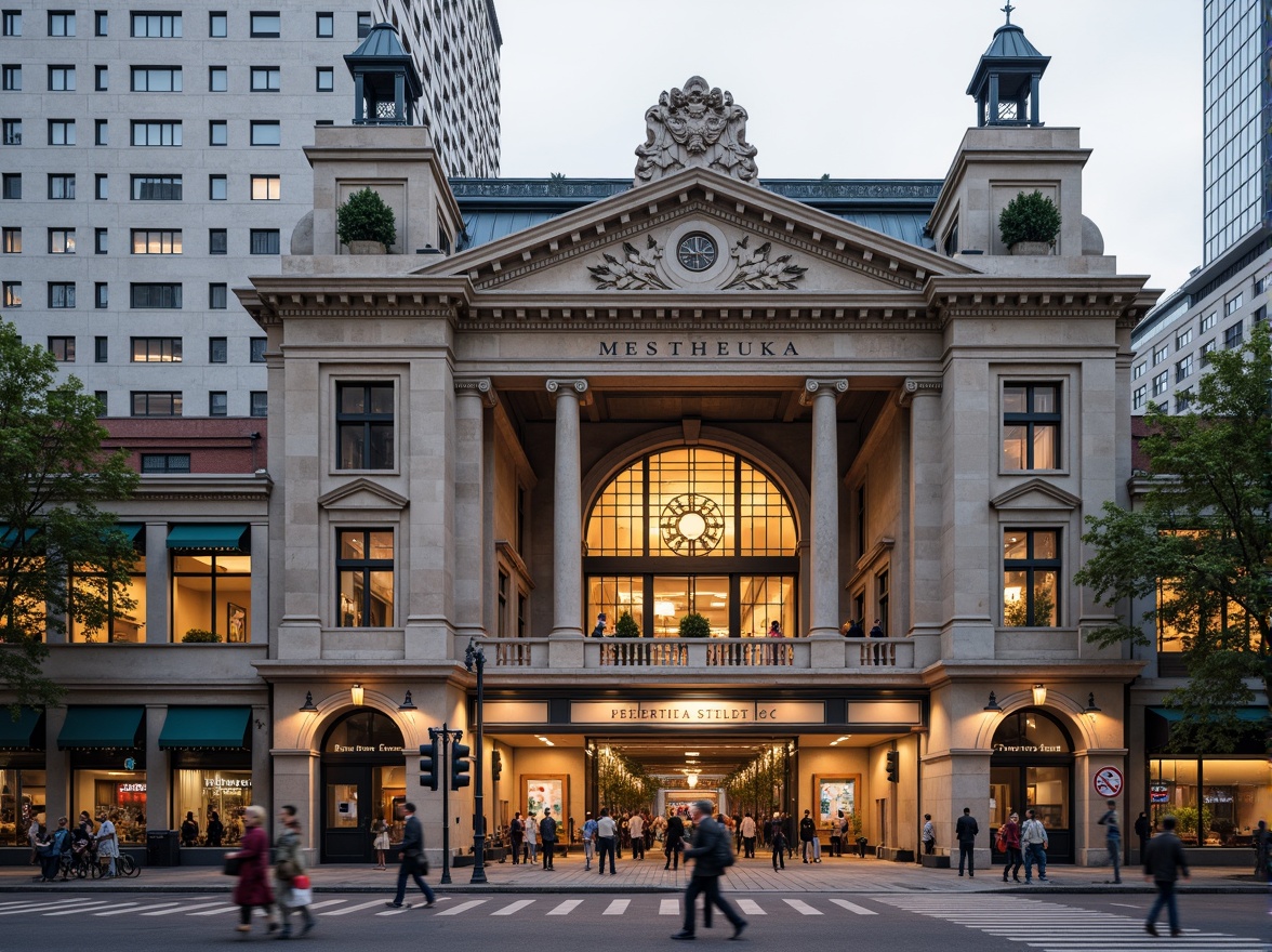 Prompt: Grandiose metro station entrance, ornate pillars, intricate stone carvings, modern academic fa\u00e7ade, large arched windows, rusticated base, elegant cornices, imposing clock towers, vibrant urban landscape, bustling city streets, morning rush hour atmosphere, soft warm lighting, shallow depth of field, 1/2 composition, symmetrical framing, realistic textures, ambient occlusion.