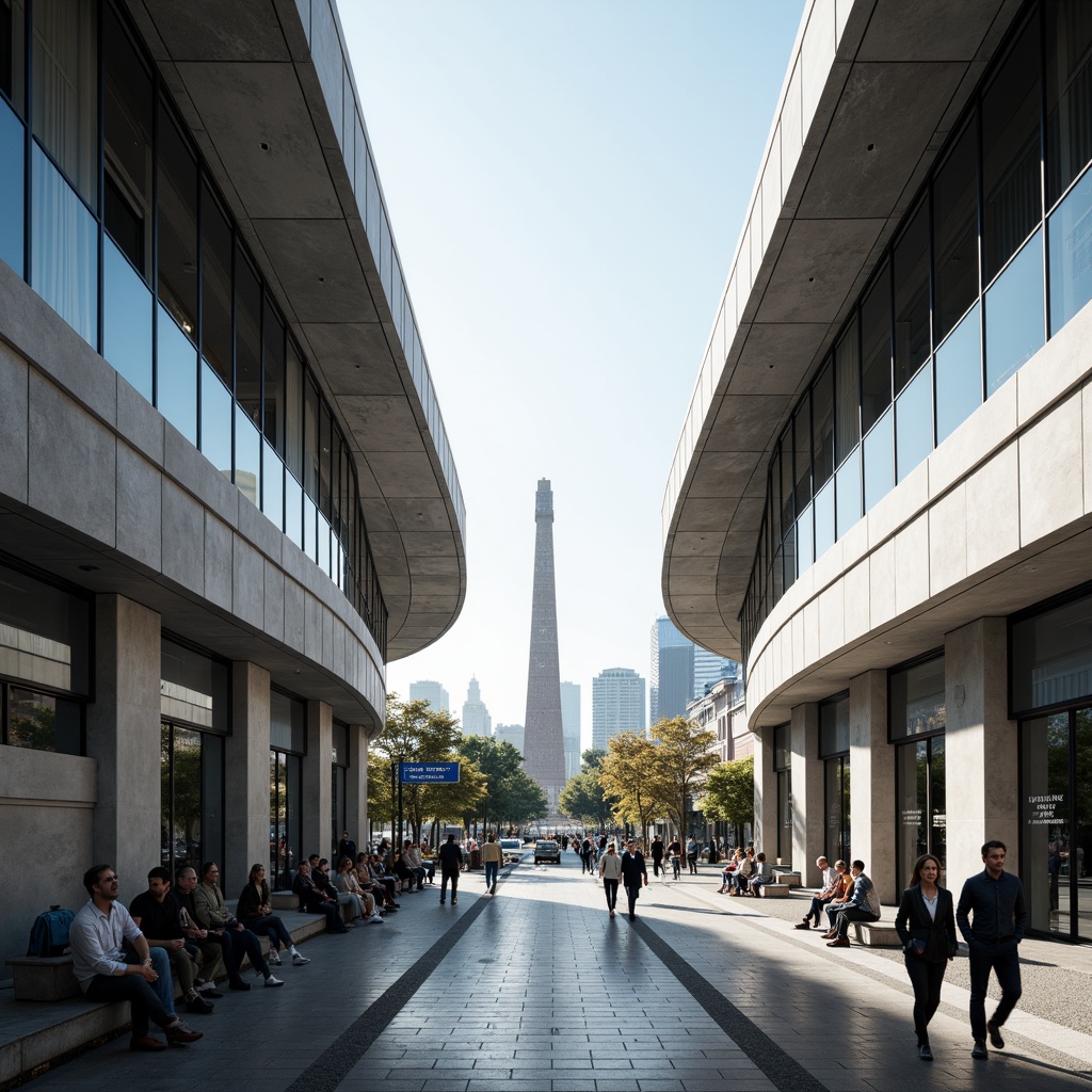 Prompt: Sleek train station, curved lines, metallic materials, silver accents, minimalist architecture, large glass windows, sliding doors, modern signage, urban landscape, city skyline, busy streets, morning commute, soft natural light, shallow depth of field, 1/1 composition, symmetrical view, realistic reflections, ambient occlusion, futuristic vibes, dynamic shapes, angular columns, cantilevered roofs, ribbed concrete textures.