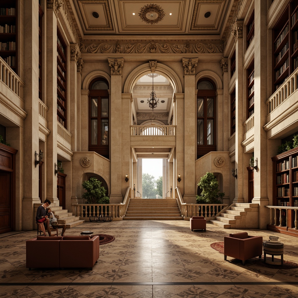 Prompt: Grand library facade, neoclassical architecture, imposing columns, ornate details, symmetrical composition, majestic entrance, sweeping staircases, elegant balustrades, richly patterned carpets, warm beige stone walls, arched windows, rusticated quoins, subtle cornice, soft natural light, atmospheric mist, 3/4 perspective, realistic renderings, ambient occlusion.