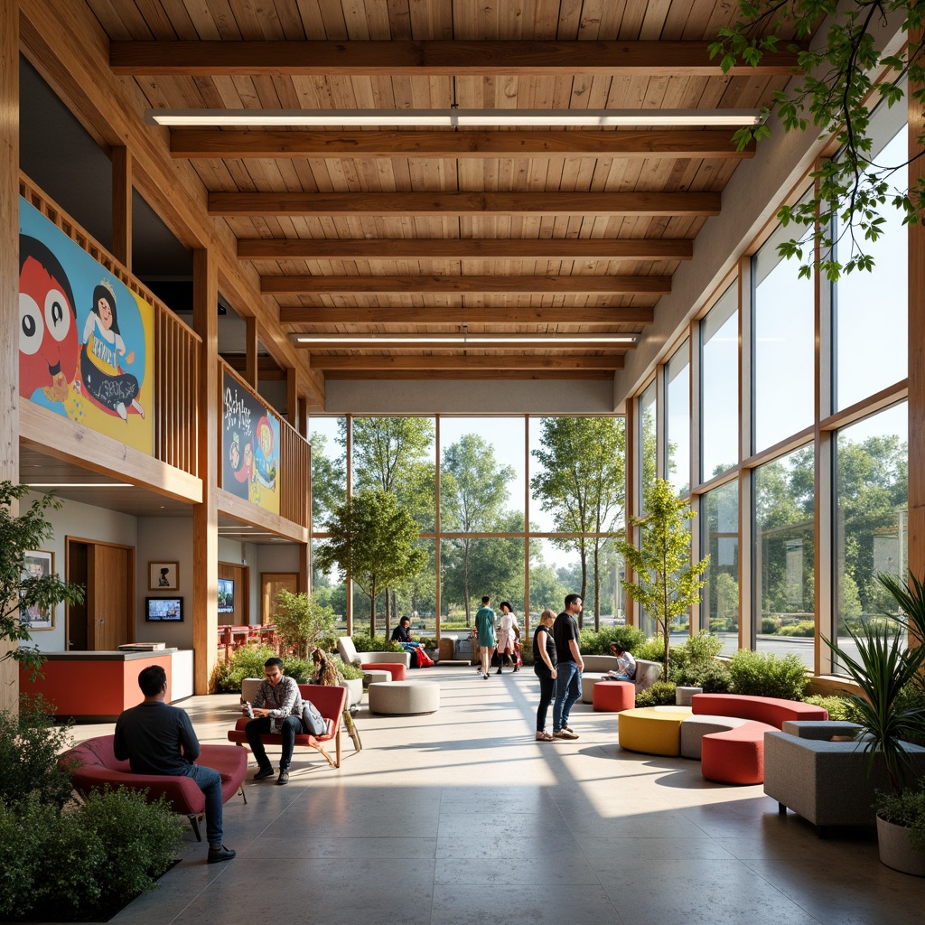 Prompt: Vibrant community center, open floor plan, natural light, wooden accents, colorful murals, communal seating areas, cozy reading nooks, flexible modular furniture, collaborative workspaces, interactive exhibits, digital display screens, acoustic sound systems, warm ambient lighting, 1/2 composition, shallow depth of field, modern minimalist aesthetic, sustainable eco-friendly materials, energy-efficient LED lighting, abundant greenery, lively community atmosphere.