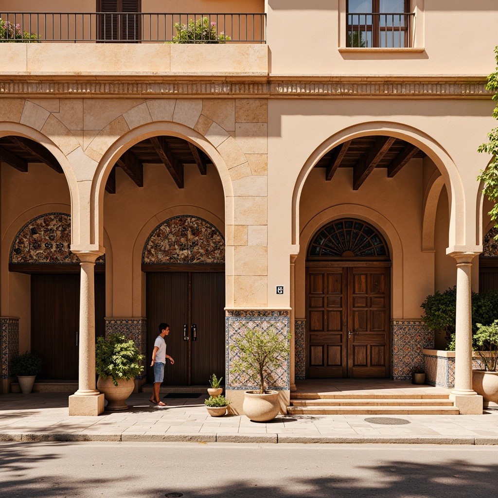 Prompt: Earth-toned buildings, ornate arches, intricate stonework, curved lines, rustic wooden doors, decorative tile patterns, colorful glazed ceramics, ornamental metalwork, grand entranceways, symmetrical facades, classical columns, regional cultural symbols, warm sunny day, soft natural lighting, shallow depth of field, 1/1 composition, realistic textures, ambient occlusion.