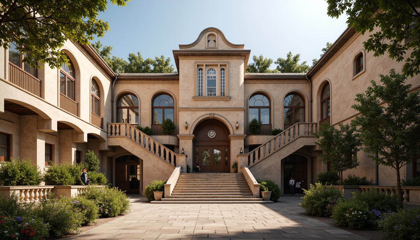 Prompt: Rustic school building, Romanesque style facade, arched windows, ornate stone carvings, grand entrance doors, weathered stone walls, curved staircases, vaulted ceilings, warm earthy tones, natural light pouring in, soft afternoon sunlight, shallow depth of field, 1/1 composition, symmetrical framing, realistic textures, ambient occlusion, vibrant greenery, blooming flowers, lush trees, serene courtyard, educational signage.