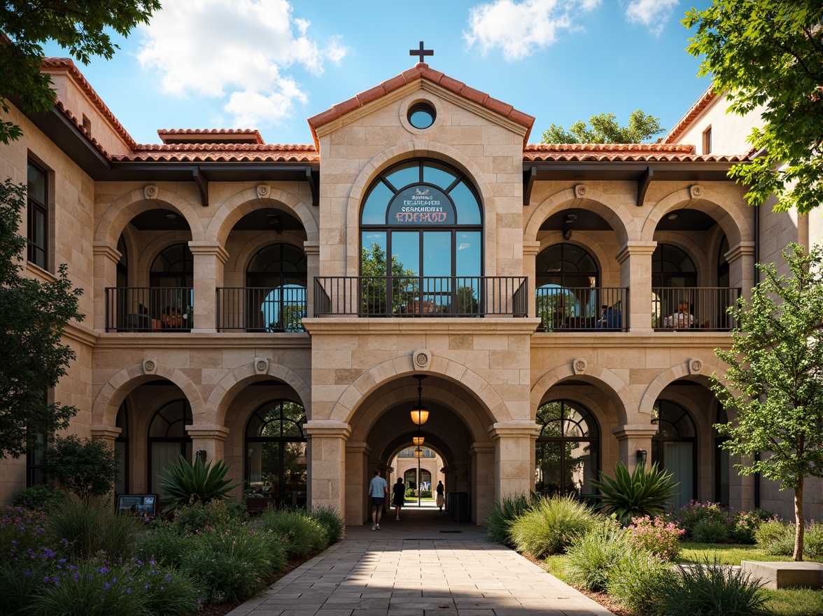 Prompt: Rustic school building, Romanesque style architecture, clay tile roofing, curved archways, ornate stone carvings, vibrant turquoise accents, lush greenery, educational signage, wrought iron balconies, grand entrance halls, stained glass windows, warm natural lighting, shallow depth of field, 3/4 composition, panoramic view, realistic textures, ambient occlusion.