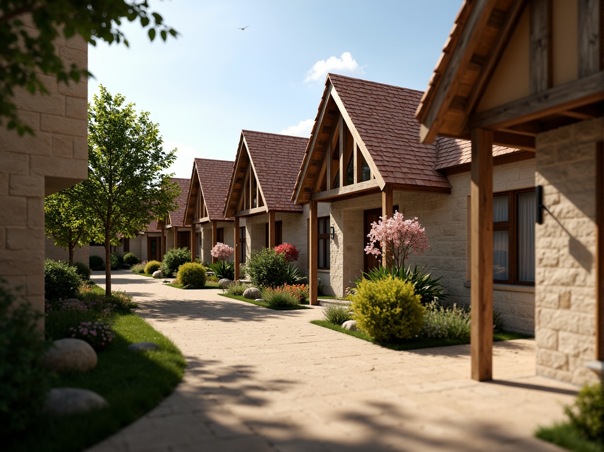 Prompt: Traditional dormitory, rustic vernacular architecture, pitched roofs, clay tiles, wooden trusses, exposed rafters, natural stone walls, earthy color palette, cozy atmosphere, warm lighting, shallow depth of field, 1/2 composition, soft focus, realistic textures, ambient occlusion, lush greenery, blooming flowers, sunny day, gentle breeze, serene ambiance.Please let me know if this meets your requirements!