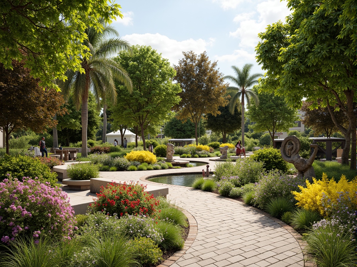 Prompt: Vibrant flowerbeds, lush greenery, meandering pathways, ornamental ponds, trickling water features, artistic sculptures, elegant benches, natural stone paving, rustic wooden fences, colorful blooming trees, sunny day, soft warm lighting, shallow depth of field, 3/4 composition, panoramic view, realistic textures, ambient occlusion.