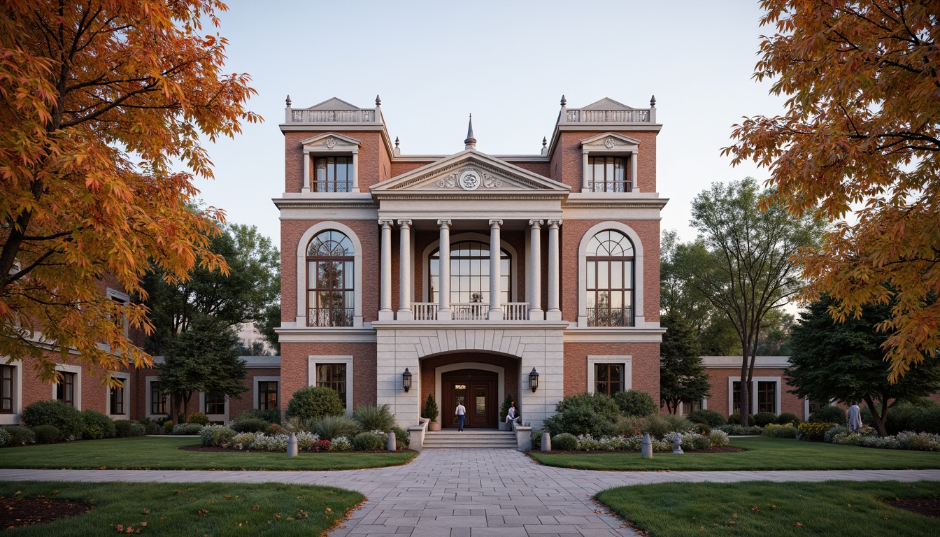 Prompt: Elegant academic building, symmetrical facade, grand entrance, ionic columns, carved stone details, ornate cornices, rusticated walls, rich wood tones, stained glass windows, intricate metalwork, classical pediments, dignified clock towers, manicured lawns, walkways with lanterns, autumn foliage, soft afternoon lighting, shallow depth of field, 2/3 composition, realistic textures, ambient occlusion.