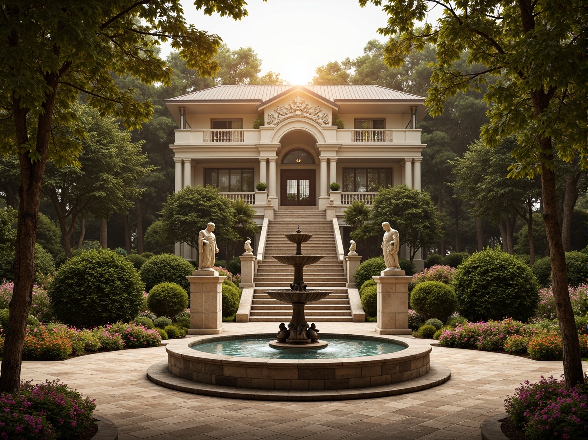 Prompt: Ornate fountain, grand staircase, symmetrical gardens, manicured hedges, topiary trees, vibrant flowerbeds, statues of mythological figures, intricate stone carvings, ornate iron gates, meandering walkways, tranquil ponds, reflecting pools, majestic entranceways, dramatic lighting effects, warm golden illumination, 1/2 composition, shallow depth of field, realistic textures, ambient occlusion.