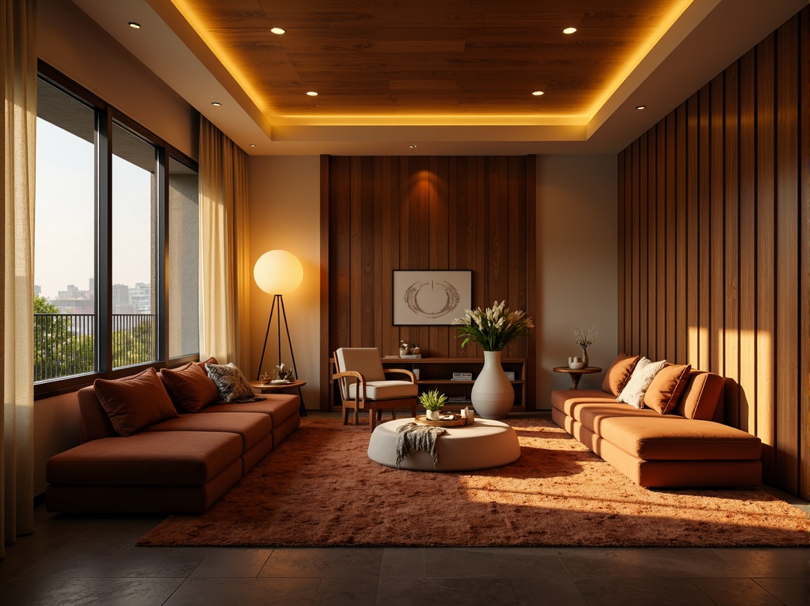 Prompt: Cozy living room, warm golden lighting, soft glow, floor lamps, table lamps, dimmable LED lights, comfortable seating area, plush sofas, velvety carpets, rich wood paneling, modern minimalist decor, subtle color palette, relaxing ambiance, calm atmosphere, natural light pouring in, large windows, sheer curtains, afternoon sunbeams, 1/2 composition, soft focus, ambient occlusion.