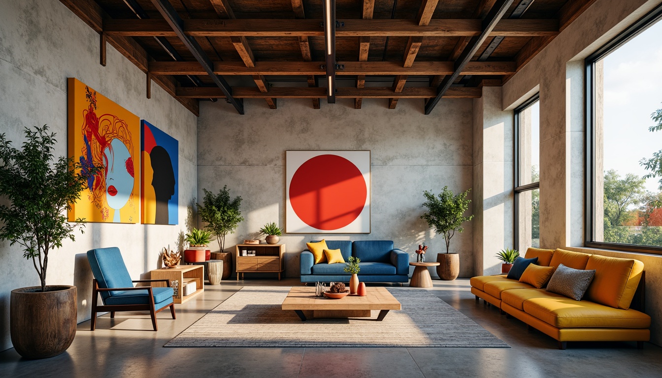 Prompt: Vibrant design studio, modern artistic space, eclectic furniture pieces, bold color accents, abstract artwork, industrial metal beams, polished concrete floors, natural light pouring in, warm cozy atmosphere, softbox lighting, 3/4 composition, shallow depth of field, realistic textures, ambient occlusion.