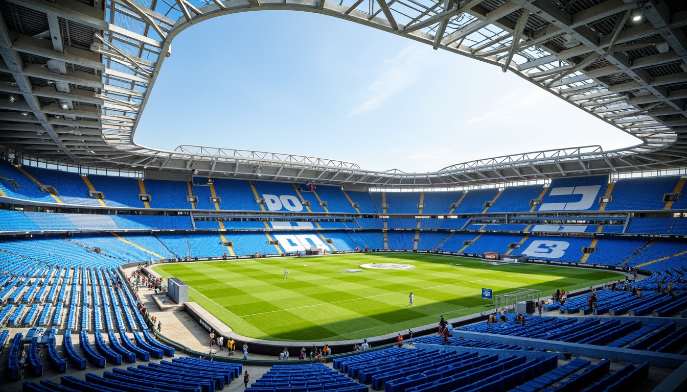 Prompt: Vibrant sports stadium, electric blue seating, bright green turf, bold white accents, dynamic LED lighting, sleek modern architecture, angular steel beams, glossy concrete floors, energetic crowd atmosphere, warm sunny day, shallow depth of field, 3/4 composition, panoramic view, realistic textures, ambient occlusion.