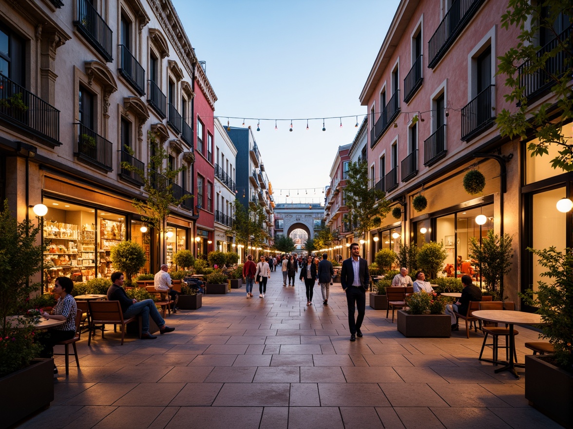 Prompt: Vibrant market square, bustling street activity, eclectic building facades, ornate architectural details, warm natural stone flooring, lush greenery, hanging flower baskets, modern outdoor furniture, shaded walkways, festive string lights, soft evening lighting, shallow depth of field, 1/1 composition, realistic textures, ambient occlusion.