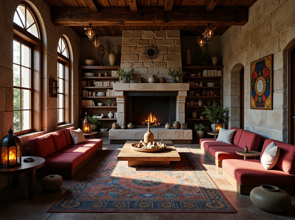 Prompt: Rustic stone walls, smooth wooden accents, rich velvet fabrics, distressed metal surfaces, rough-hewn brick textures, vibrant colorful ceramics, intricate mosaic patterns, soft glowing lanterns, dramatic shadows, warm ambient lighting, 3/4 composition, shallow depth of field, realistic rendering, high-contrast imagery.