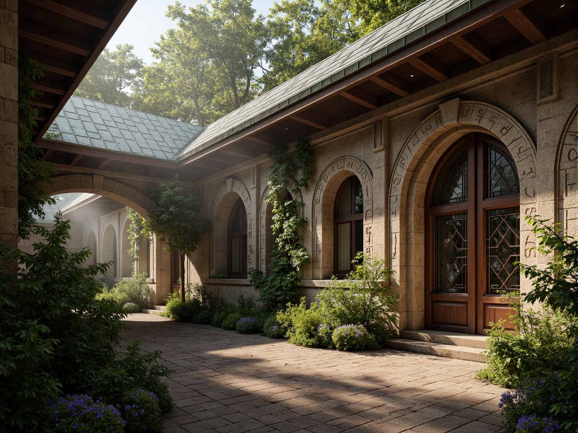 Prompt: Rustic stone walls, ornate carvings, grand archways, ribbed vaults, stained glass windows, intricate mosaics, weathered copper roofs, worn wooden doors, ornamental ironwork, lush greenery, overgrown vines, misty morning light, soft warm glow, shallow depth of field, 1/2 composition, realistic textures, ambient occlusion.