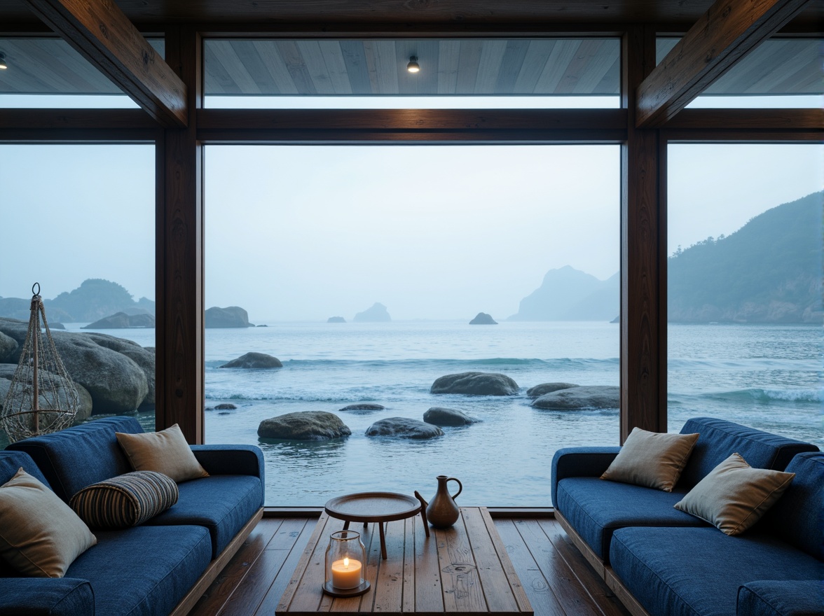 Prompt: Calming oceanic atmosphere, soothing blue hues, gentle waves, seaside rocks, driftwood accents, nautical ropes, misty morning light, soft warm glow, shallow depth of field, 2/3 composition, realistic water textures, ambient occlusion, serene beachside scenery, weathered wooden planks, glassy surfaces, minimalist decor, cozy reading nooks, plush blue couches, natural fabric upholstery, subtle pattern repeats.