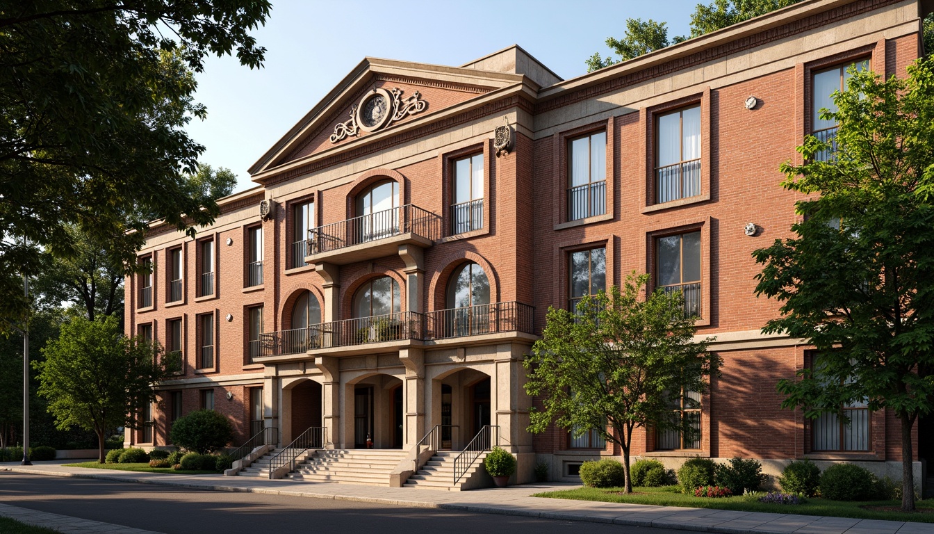 Prompt: Historic courthouse building, ornate brick facade, intricate masonry details, rusticated quoins, arched windows, grand entranceways, columned porticos, ornamental stonework, weathered red brick, ivy-covered walls, lush greenery, mature trees, sunny afternoon, soft warm lighting, shallow depth of field, 3/4 composition, realistic textures, ambient occlusion.