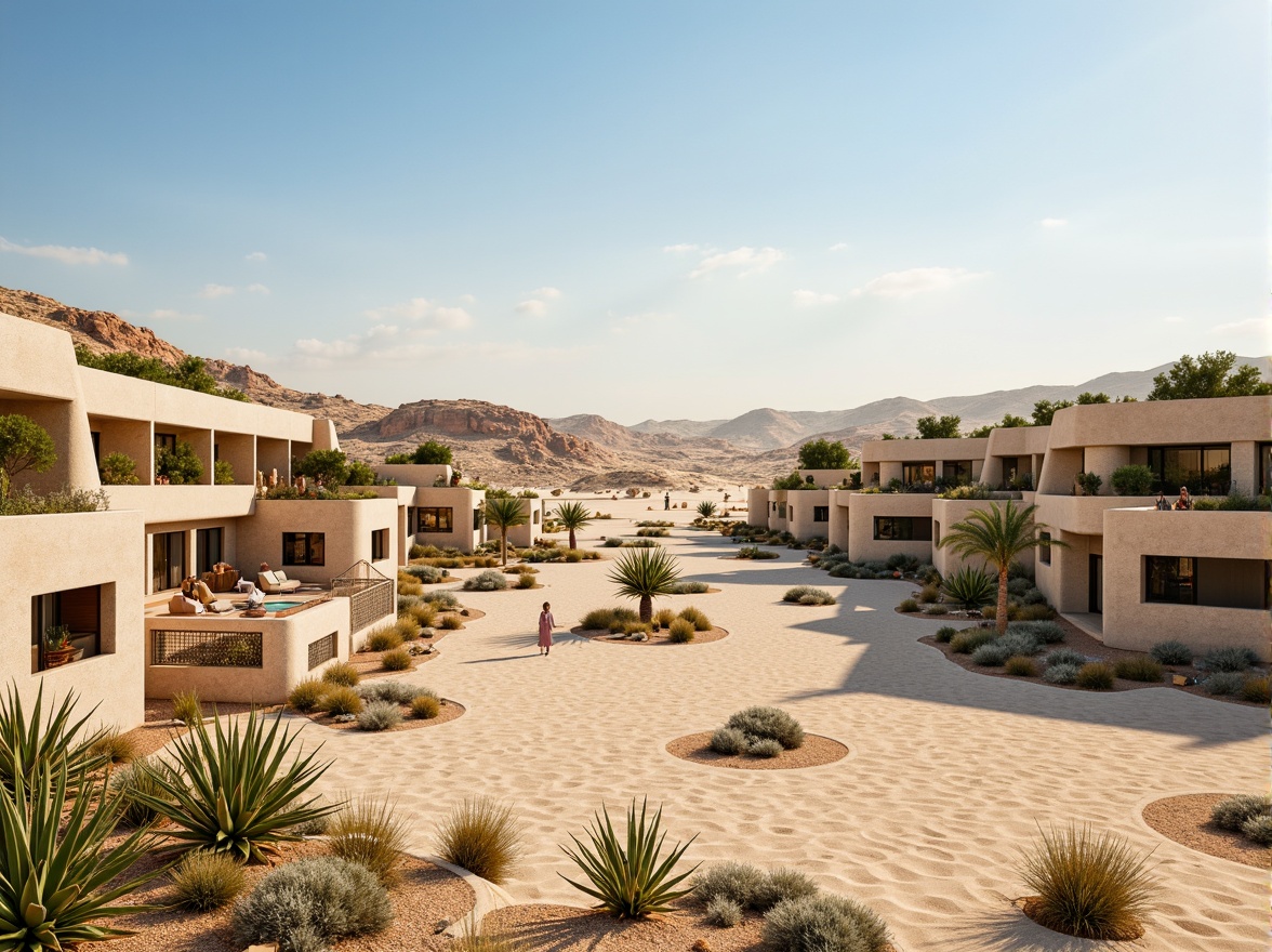 Prompt: Desert landscape, sandy dunes, cactus plants, hot sunny day, clear blue sky, vast open space, modern buildings blending with nature, organic architecture, curved lines, earthy tones, natural stone fa\u00e7ades, green roofs, cantilevered structures, floor-to-ceiling windows, seamless transitions, minimalist design, sustainable energy solutions, solar panels, wind turbines, water conservation systems, shaded outdoor spaces, misting systems, Arabic-inspired patterns, vibrant colorful textiles, intricate geometric motifs, warm golden lighting, shallow depth of field, 3/4 composition, panoramic view.