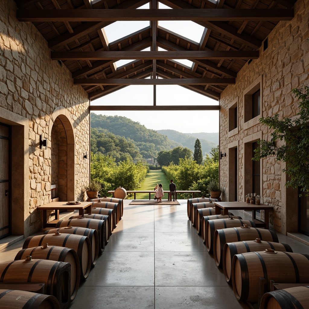 Prompt: Rustic winery, stone walls, wooden barrels, vineyard views, rolling hills, Mediterranean landscape, modern structuralist architecture, exposed steel beams, industrial chic aesthetic, polished concrete floors, minimalist decor, functional spaces, wine cellar, tasting room, fermentation tanks, oak aging rooms, natural ventilation systems, clerestory windows, soft diffused lighting, 1/1 composition, symmetrical framing, warm earthy tones, ambient occlusion.