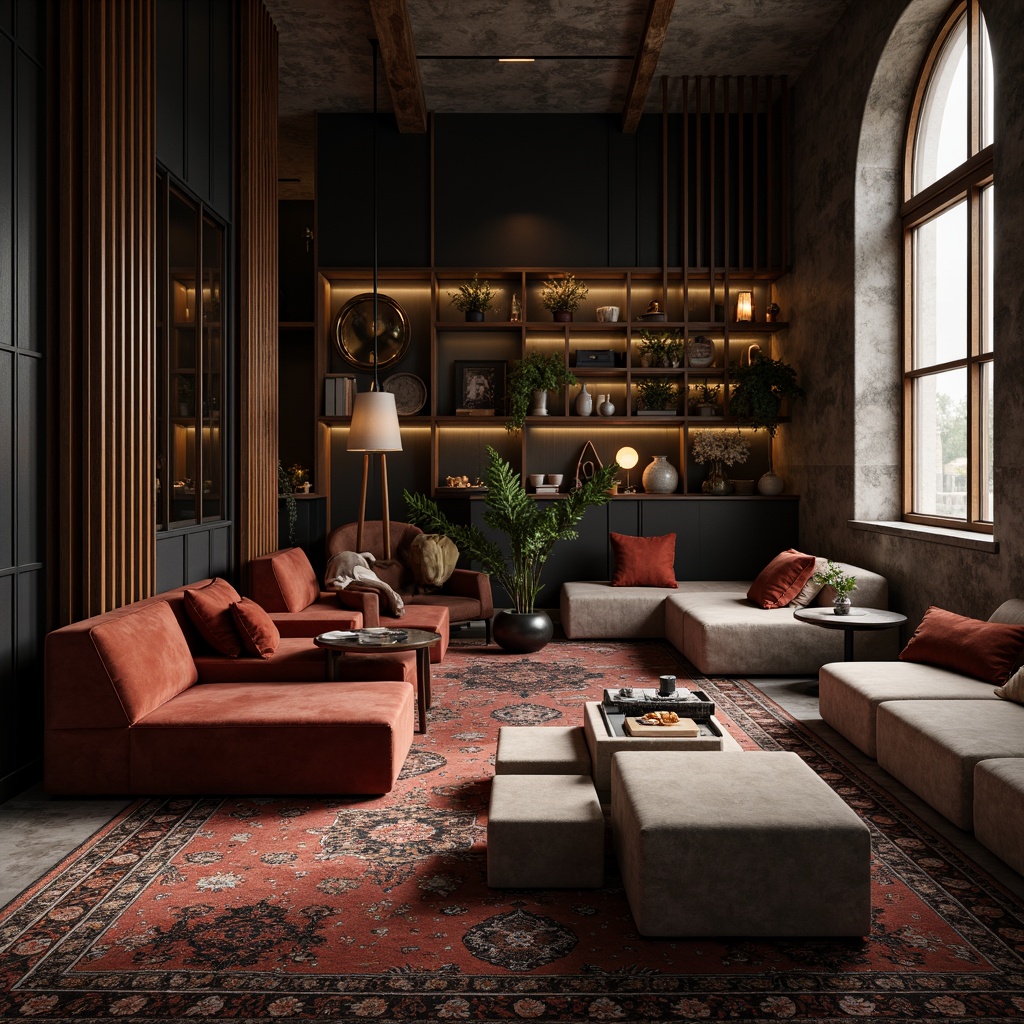 Prompt: Luxurious velvet fabrics, smooth marble countertops, rough-hewn wood accents, matte metal finishes, glossy glass surfaces, soft suede upholstery, intricate woven patterns, natural stone walls, ornate metallic details, rich leather textures, dramatic lighting contrasts, deep shadows, high-contrast color schemes, bold geometric shapes, 3D modeling, realistic renderings, atmospheric perspective, cinematic composition.