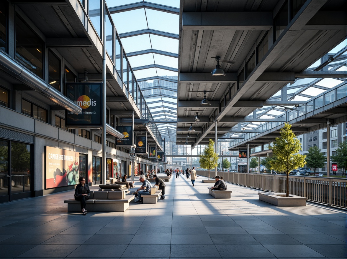 Prompt: Modern transportation hub, sleek metal fa\u00e7ade, glass roofs, polished concrete floors, industrial-style lighting, exposed ductwork, minimalist seating areas, stainless steel handrails, LED signage, dynamic digital displays, futuristic architecture, high-tech materials, metallic accents, reflective surfaces, angular lines, urban cityscape, bustling atmosphere, morning rush hour, soft natural light, shallow depth of field, 1/1 composition, realistic textures, ambient occlusion.