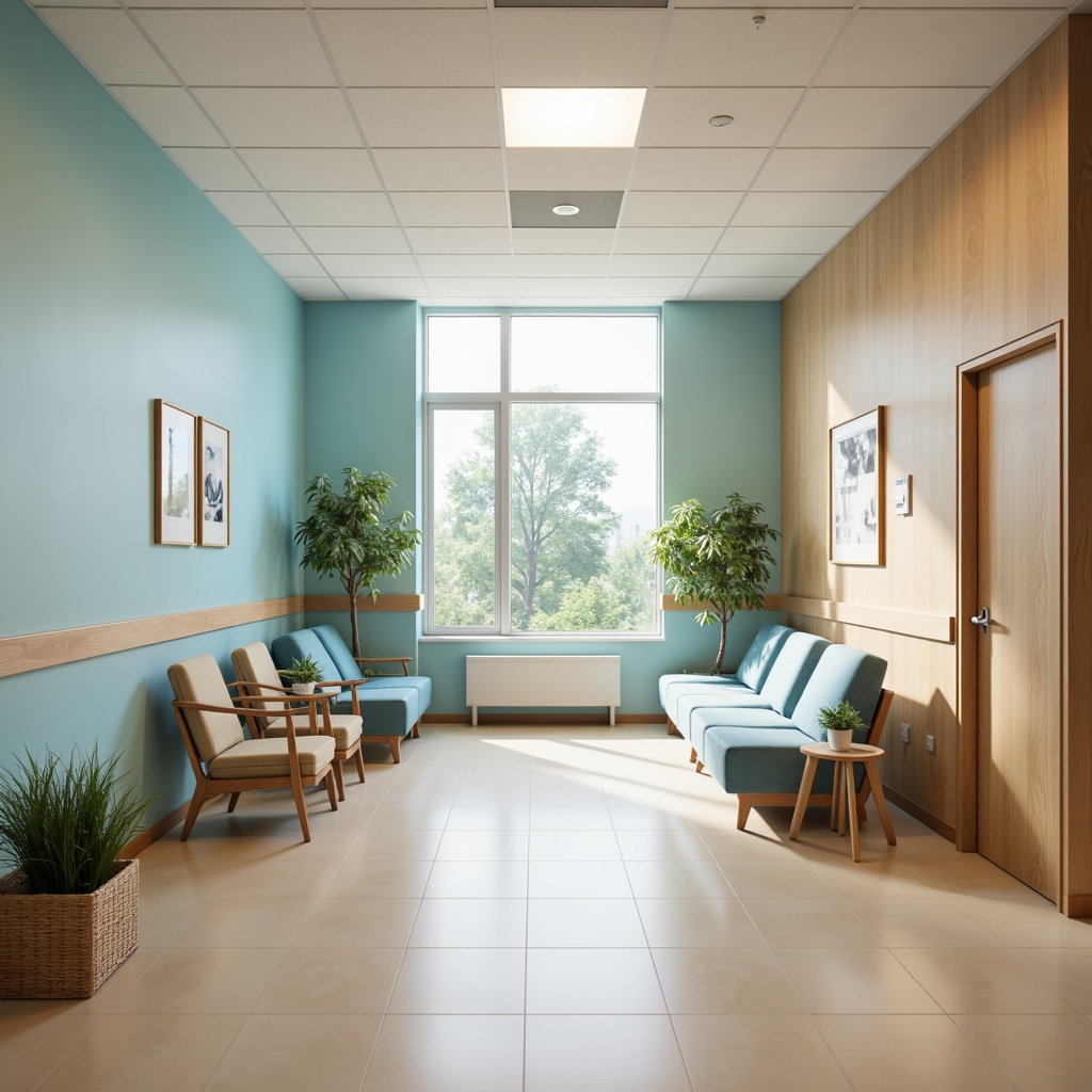 Prompt: Soothing hospital interior, powder blue walls, calming atmosphere, natural wood accents, comfortable seating areas, gentle lighting fixtures, warm beige floors, minimalist decor, medical equipment, sterile surfaces, quiet waiting rooms, peaceful ambiance, soft shadows, shallow depth of field, 1/1 composition, realistic textures, ambient occlusion.