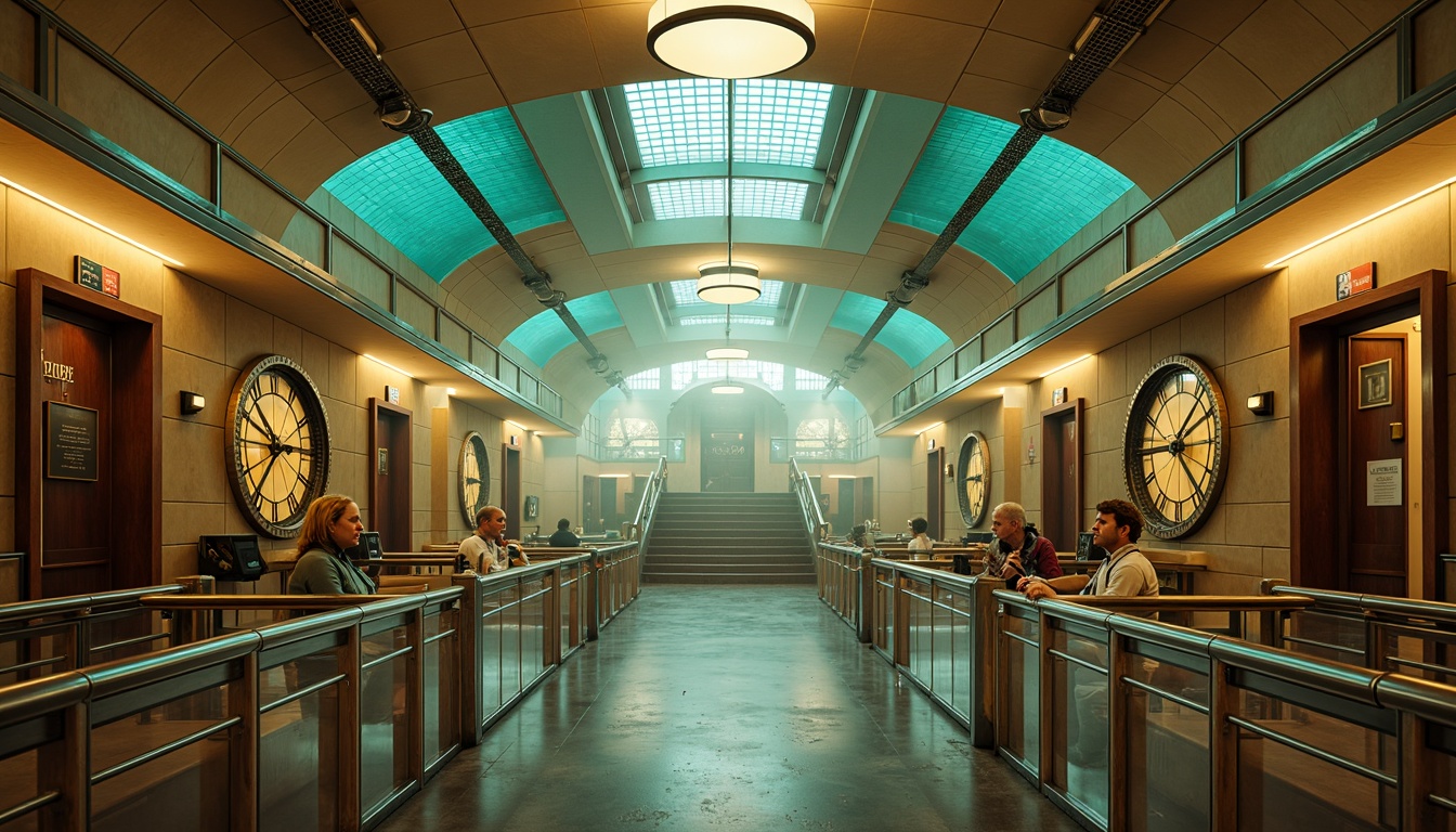 Prompt: Streamlined train station, metallic curves, chrome accents, retro-futuristic vibe, warm beige walls, rich walnut wood tones, sleek silver rails, bold Art Deco patterns, vibrant turquoise highlights, soft cream-colored ceilings, large circular clocks, ornate metalwork details, dramatic curved staircases, atmospheric foggy lighting, 1/2 composition, shallow depth of field, cinematic mood.