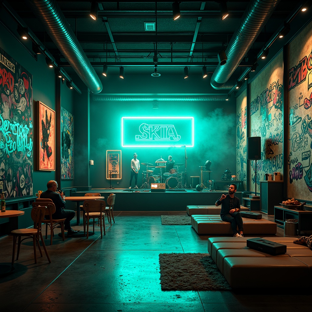 Prompt: Vibrant teal accents, neon lights, dynamic stage design, eclectic music instruments, graffiti walls, industrial metal beams, polished concrete floors, trendy lounge seating, retro-futuristic decor, edgy urban atmosphere, moody dim lighting, shallow depth of field, 1/1 composition, cinematic view, realistic textures, ambient occlusion.