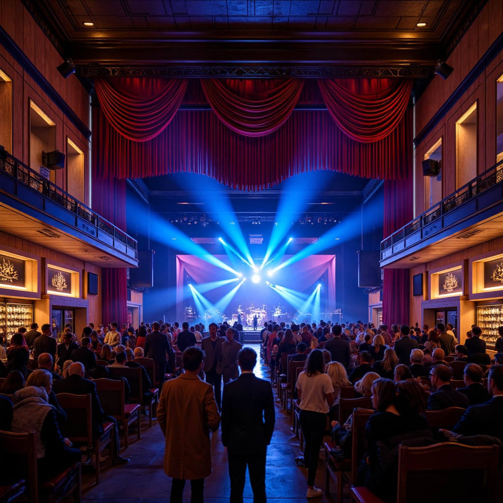 Prompt: Vibrant music venue, electric blue stage lights, rich wood accents, luxurious velvet curtains, metallic chrome fixtures, neon-lit bars, dynamic sound waves, energetic crowd, lively atmosphere, warm golden lighting, shallow depth of field, 1/1 composition, wide-angle shot, realistic textures, ambient occlusion.