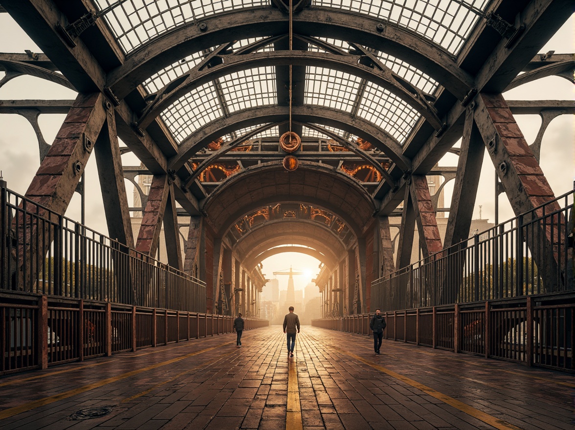 Prompt: Vibrant eclectic bridge, ornate iron latticework, intricate stone carvings, bold arches, suspension cables, cantilevered walkways, rusty metal accents, weathered wooden planks, grandiose entrance gates, asymmetrical pillars, dynamic curves, geometric shapes, industrial textures, atmospheric mist, warm golden lighting, shallow depth of field, 1/1 composition, dramatic low-angle shot, realistic reflections, ambient occlusion.Let me know if this meets your expectations!