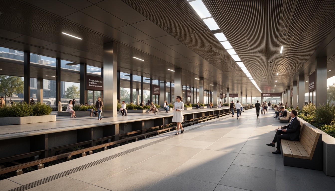 Prompt: Modern metro station, sleek glass fa\u00e7ade, stainless steel columns, polished concrete floors, metallic accents, energy-efficient LED lighting, spacious open concourse, natural stone cladding, acoustic panels, minimalist benches, urban cityscape, busy morning commute, soft warm lighting, shallow depth of field, 1/1 composition, realistic textures, ambient occlusion.