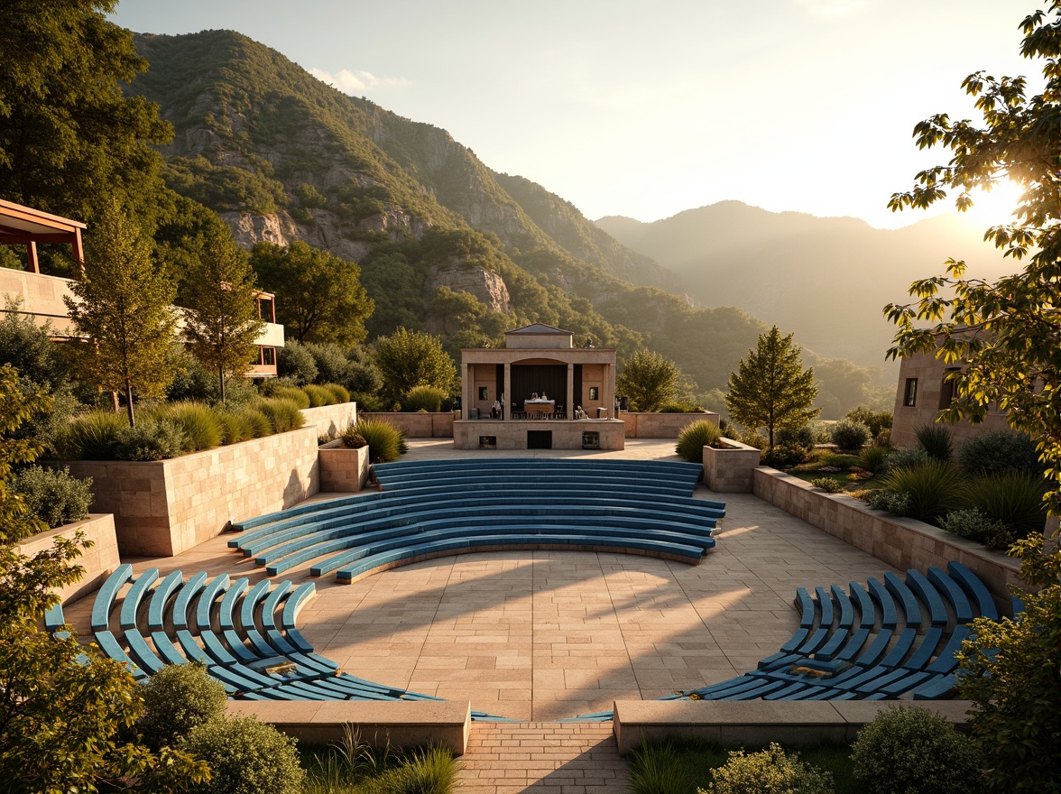 Prompt: Vibrant outdoor amphitheater, gradient blue seats, warm beige stone walls, lush green grassy slopes, natural wood accents, earthy terracotta flooring, soft golden lighting, sunset-inspired color palette, gentle misting system, panoramic views, 3/4 composition, realistic textures, ambient occlusion.