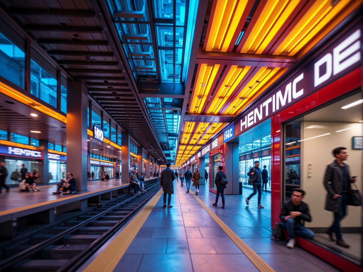 Prompt: Vibrant metro station, modern architecture, stainless steel columns, bright LED lighting, gradient color schemes, bold typography, dynamic signage, contrasting colors, harmonious hues, futuristic ambiance, sleek glass surfaces, polished marble floors, bustling crowd scenes, morning rush hour, warm golden lighting, shallow depth of field, 1/1 composition, realistic textures, ambient occlusion.