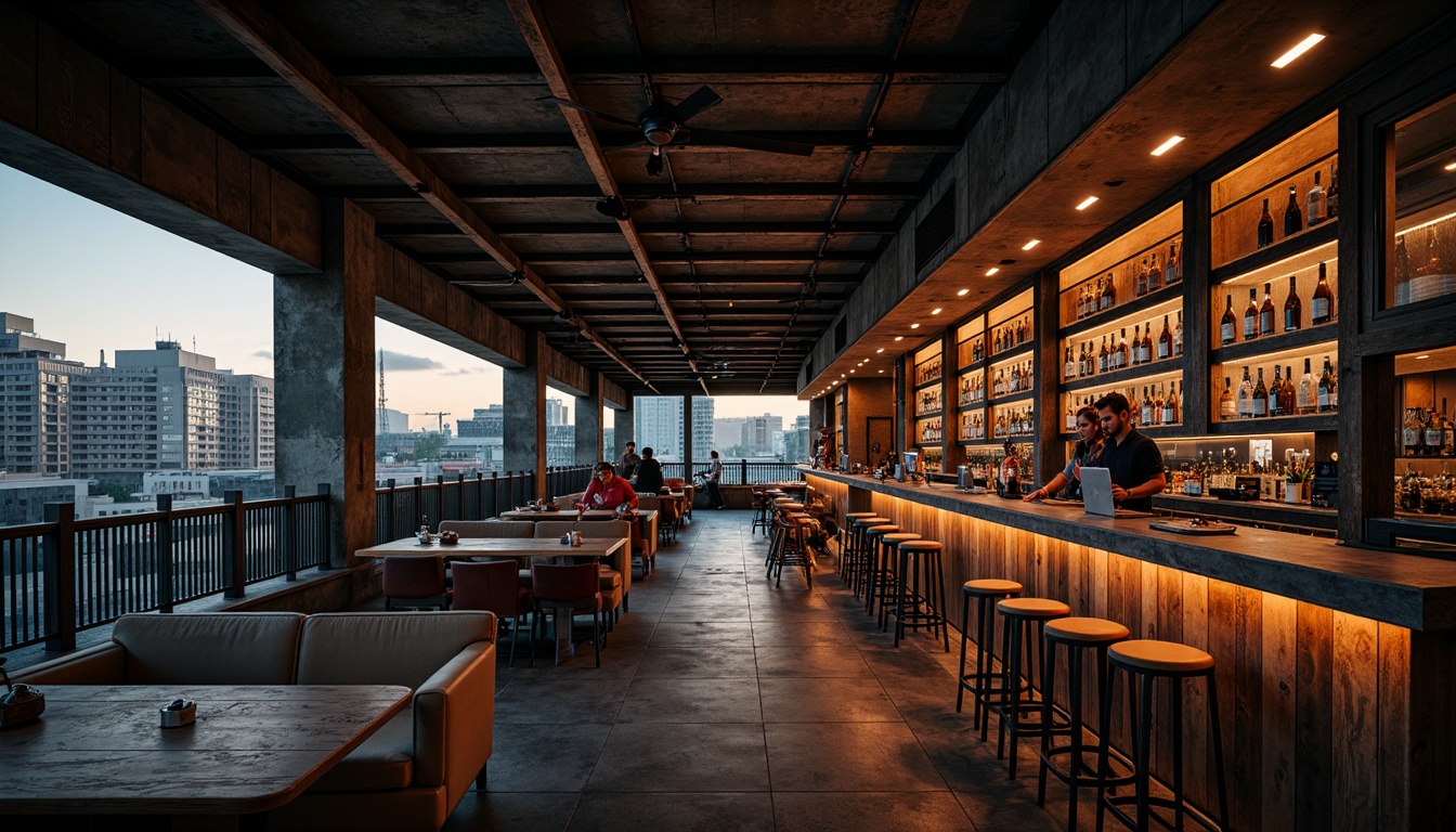 Prompt: Industrial bar structure, exposed steel beams, metallic latticework, reclaimed wood accents, urban cityscape, gritty concrete textures, moody atmospheric lighting, warm golden hour, shallow depth of field, 1/2 composition, cinematic framing, realistic reflections, ambient occlusion, muted color palette, dark blues, industrial greys, rusty oranges, weathered copper tones, distressed finishes, brutalist architectural style, functional minimalism.